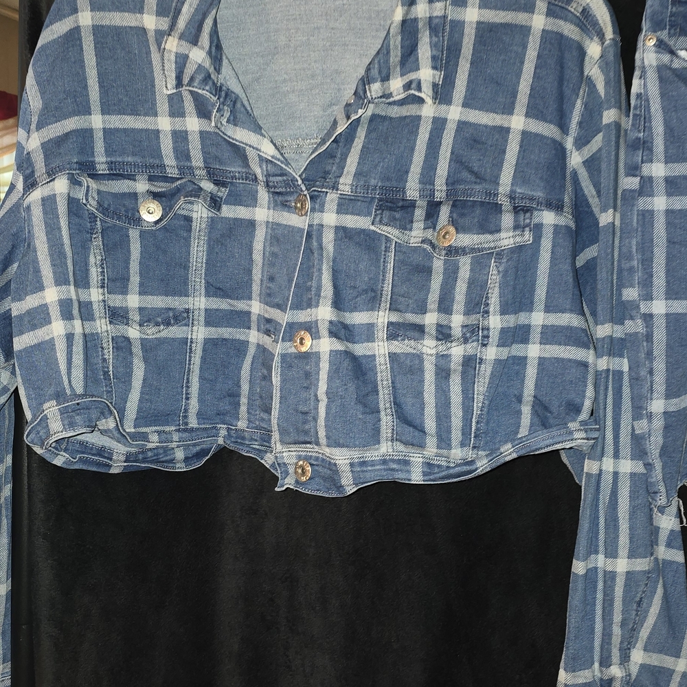 Blue Plaid Cropped Denim Jacket And Mini Skirt.  Jacket Is 22/24 Skirt 18